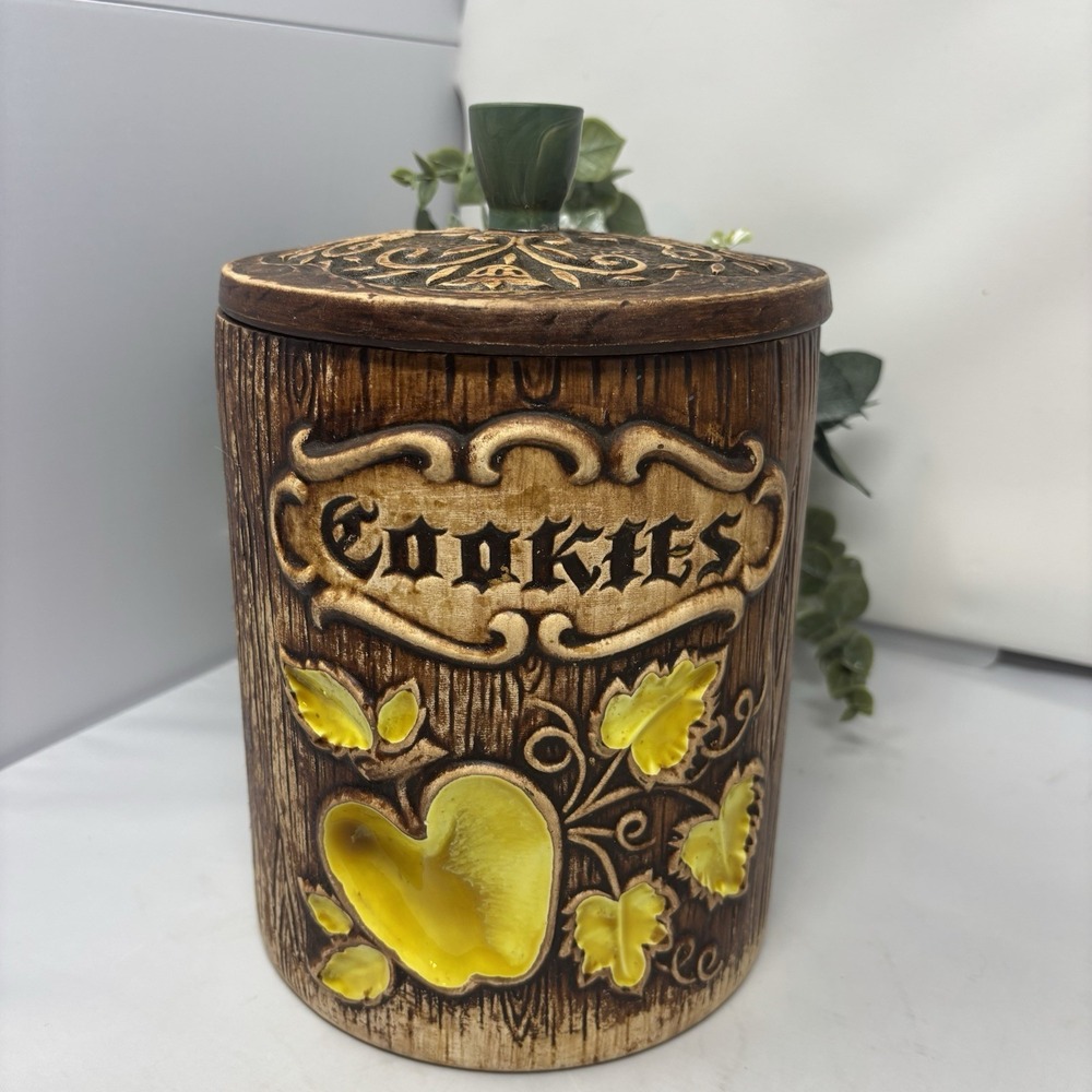 Treasure Craft Cookie Jar Yellow Apples Wooden Barrel Leaves 8" Vintage